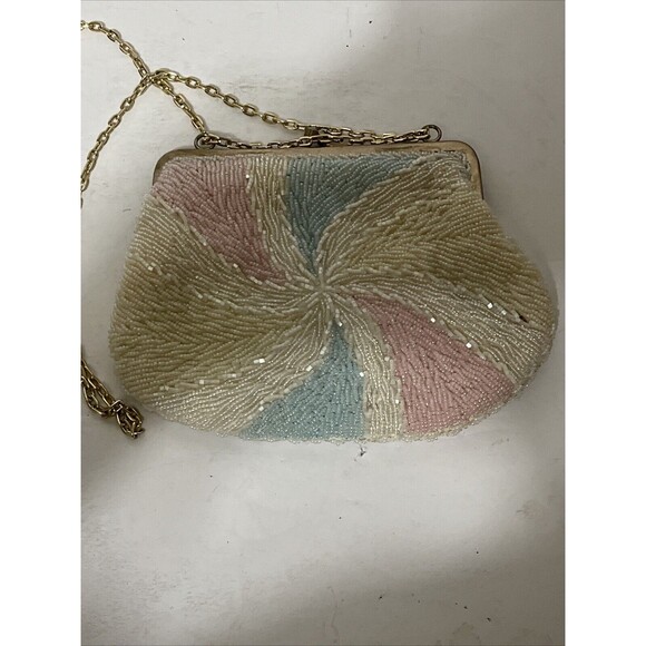Vintage Pastel Beaded Purse Pinwheel Pattern Pink Blue White Gold Chain - Picture 2 of 4